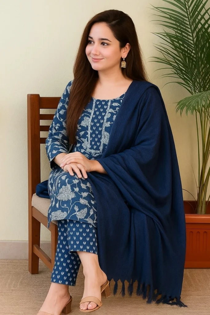 Elegant navy blue printed kurti set with matching pants and soft dupatta, crafted for a stylish and comfortable ethnic look.